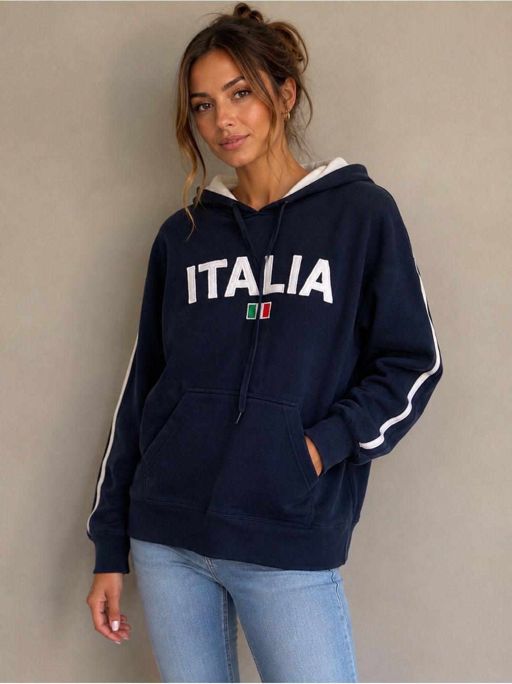 Italia Navy Hooded Sweatshirt with White Trim